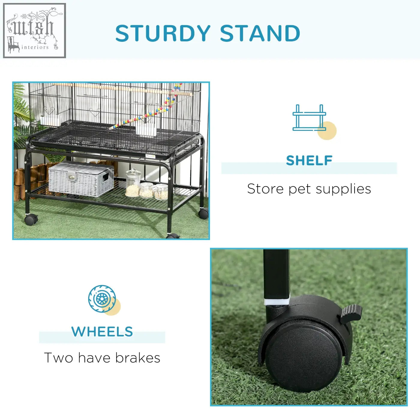 Black metal bird cage stand with wheels and storage shelf for budgie cage 79l x 49w pawhut large bird cage