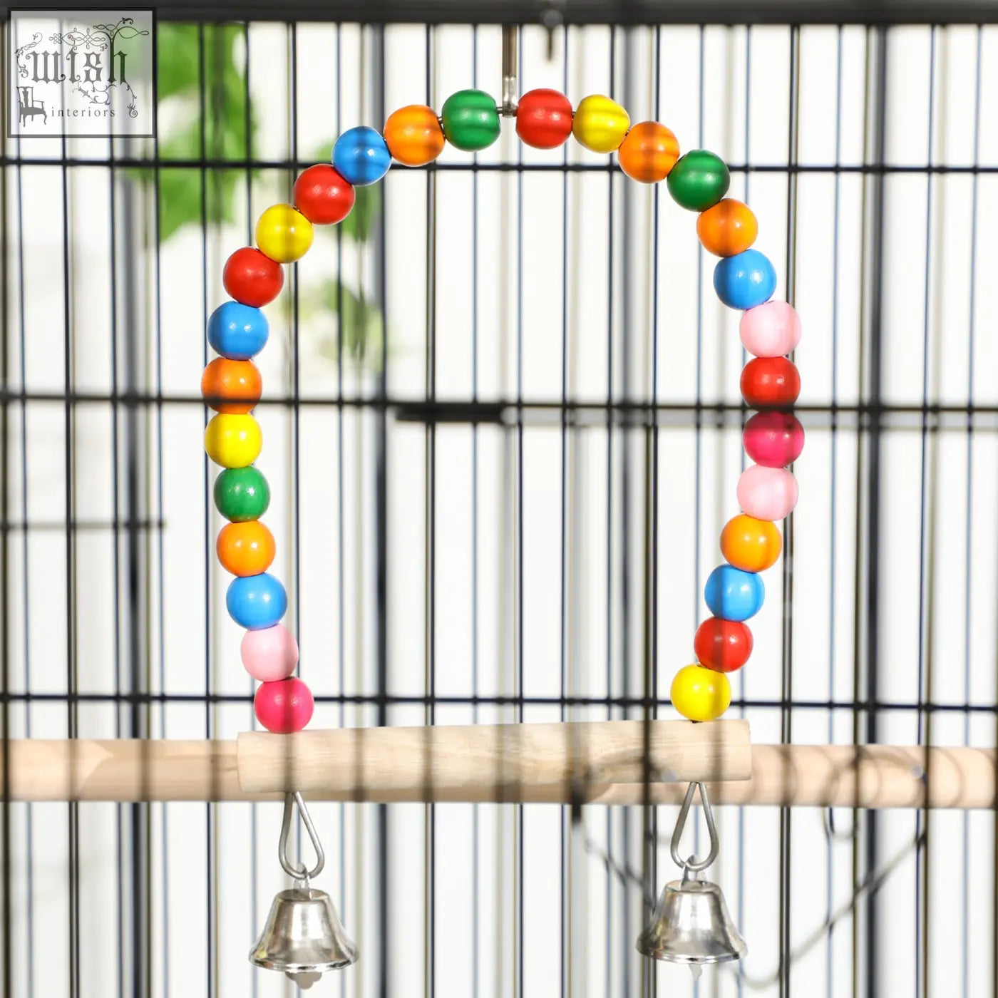 Colorful wooden bird toy with rainbow beads and metal bells for 79l x 49w pawhut bird cage accessory