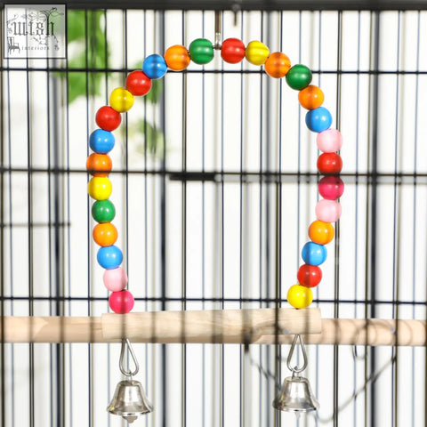 Colorful wooden bird toy with rainbow beads and metal bells for 79l x 49w pawhut bird cage accessory