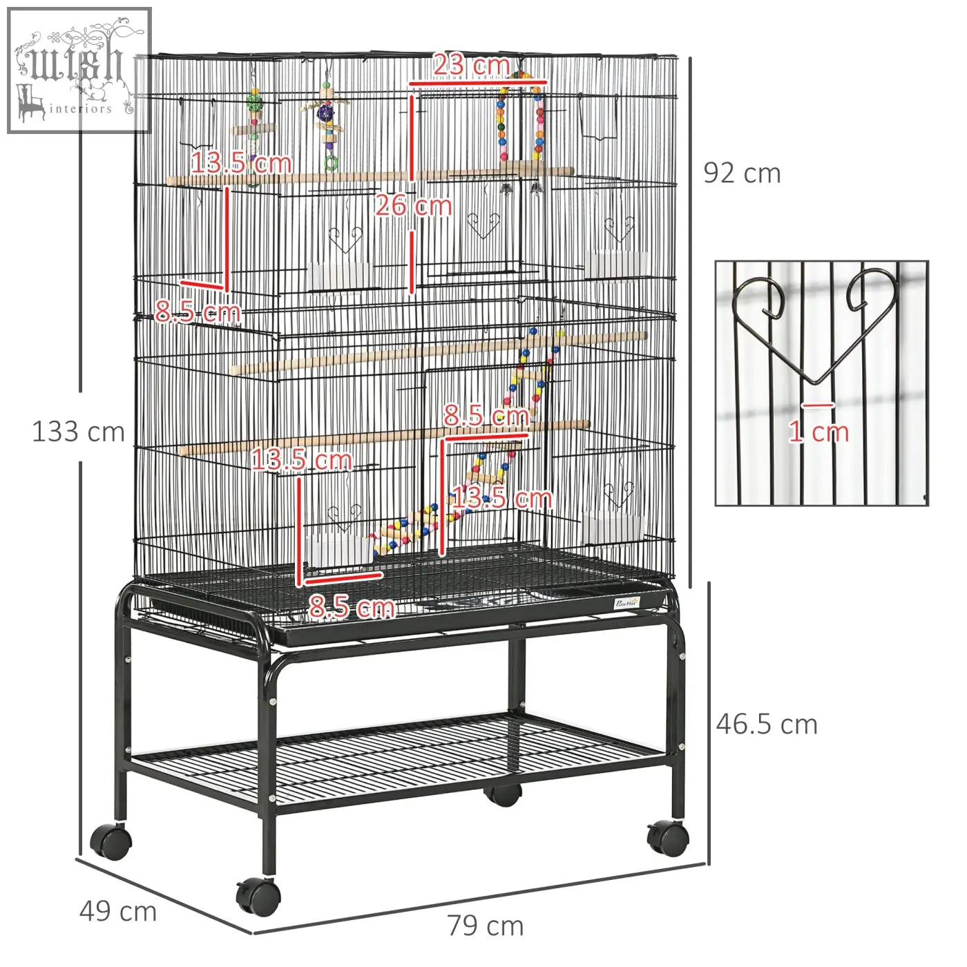 Black metal bird cage with multiple perches toys on wheeled stand 79l x 49w for budgies and small birds