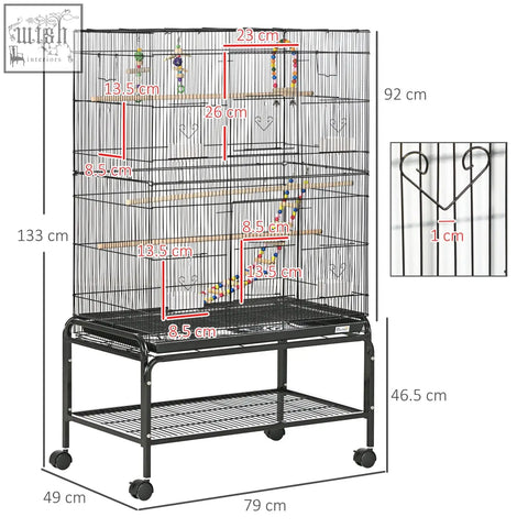 Black metal bird cage with multiple perches toys on wheeled stand 79l x 49w for budgies and small birds