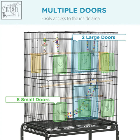 Black metal bird cage 79l x 49w with multiple doors colorful perches perfect for budgies and finches
