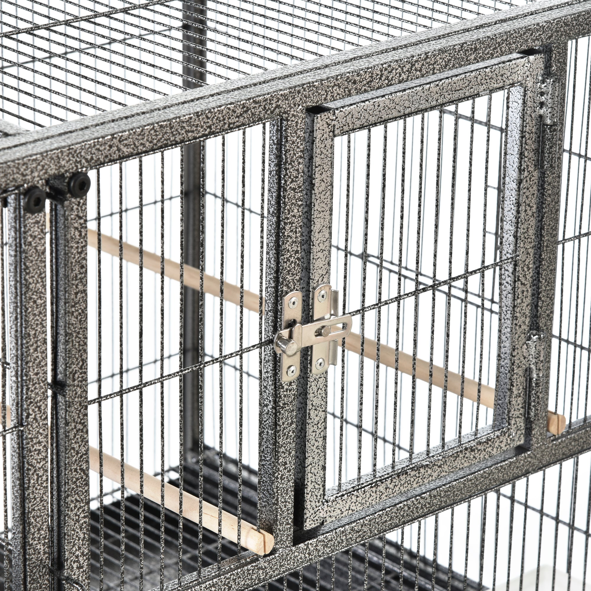 Black speckled metal bird cage with silver latch wooden perches slide-out metal trays for finch parakeet use