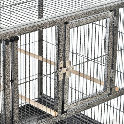 Black speckled metal bird cage with silver latch wooden perches slide-out metal trays for finch parakeet use