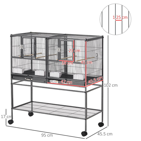 Black metal bird cage with multiple compartments, slide-out metal trays, plastic food containers, and wheels for birds