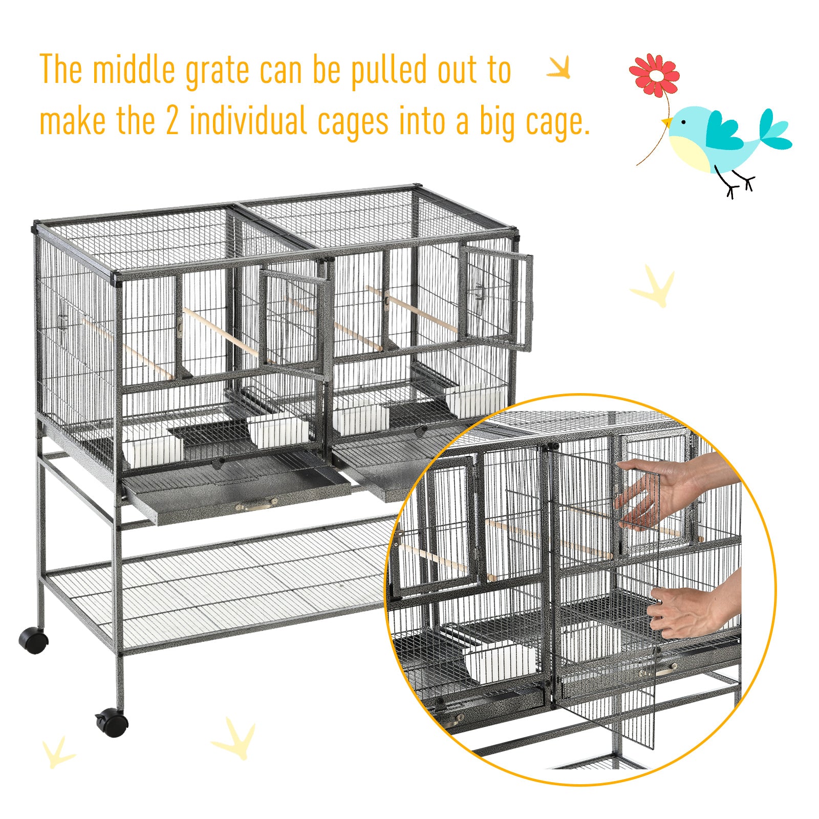 Black metal bird cage with divider and slide-out metal trays for finch canaries parakeets with plastic food containers
