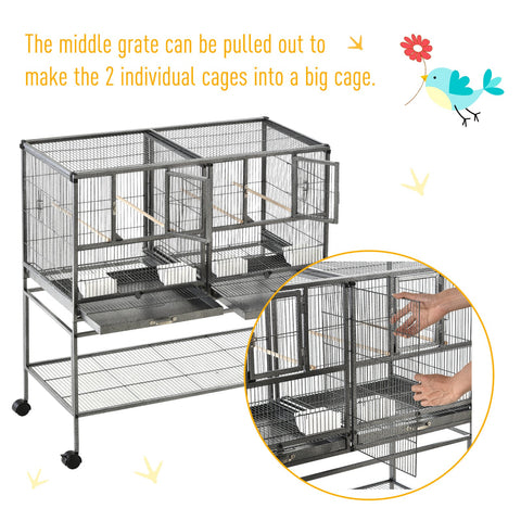 Black metal bird cage with divider and slide-out metal trays for finch canaries parakeets with plastic food containers