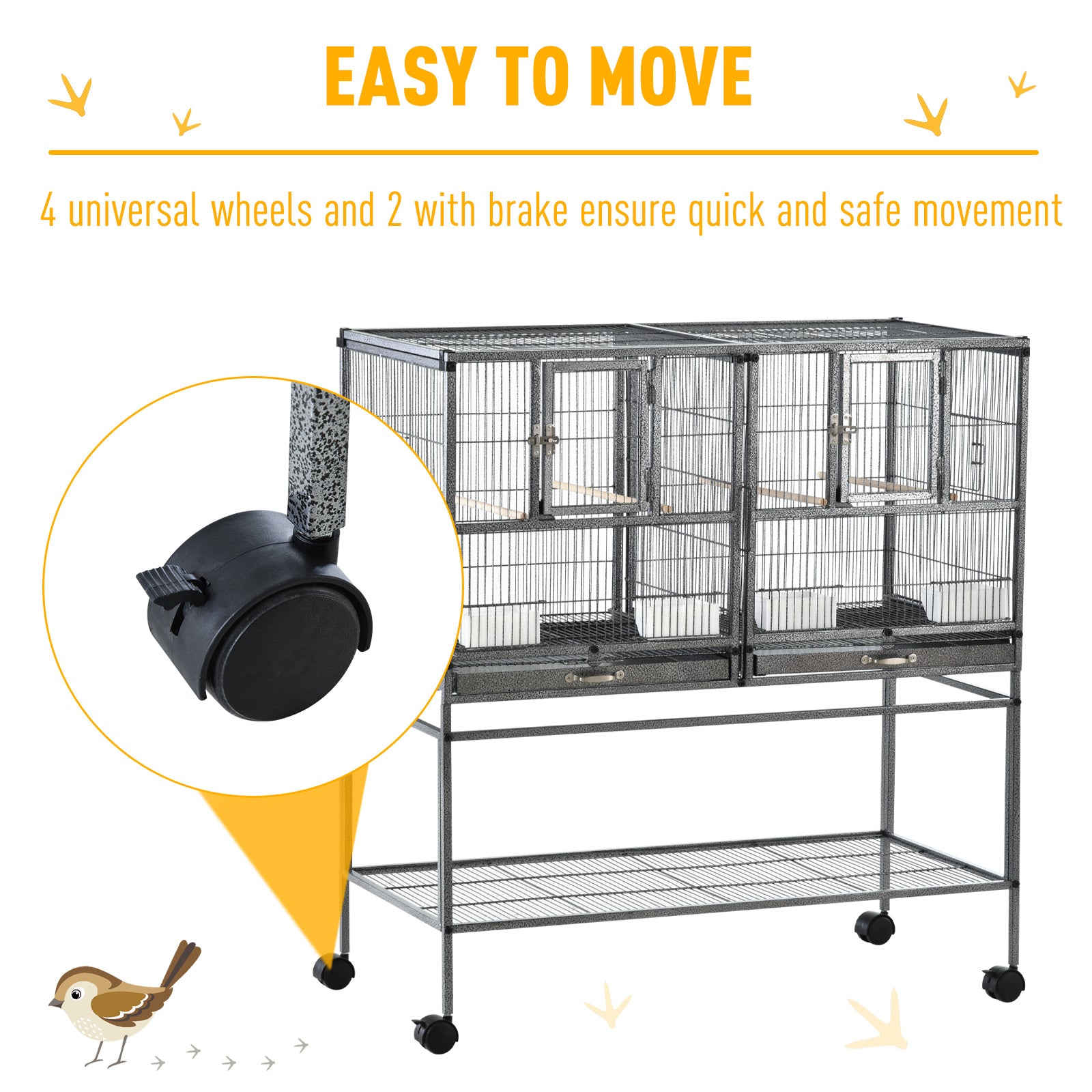 Black and gray metal bird cage on wheeled stand with slide-out metal trays and plastic food containers for parrots
