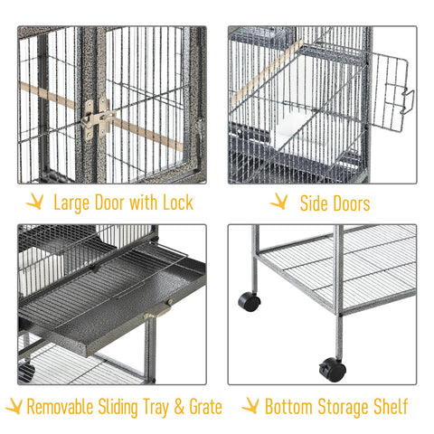 Gray metal bird cage with slide-out metal trays, plastic food containers, side doors, and wheels for parrots and finches