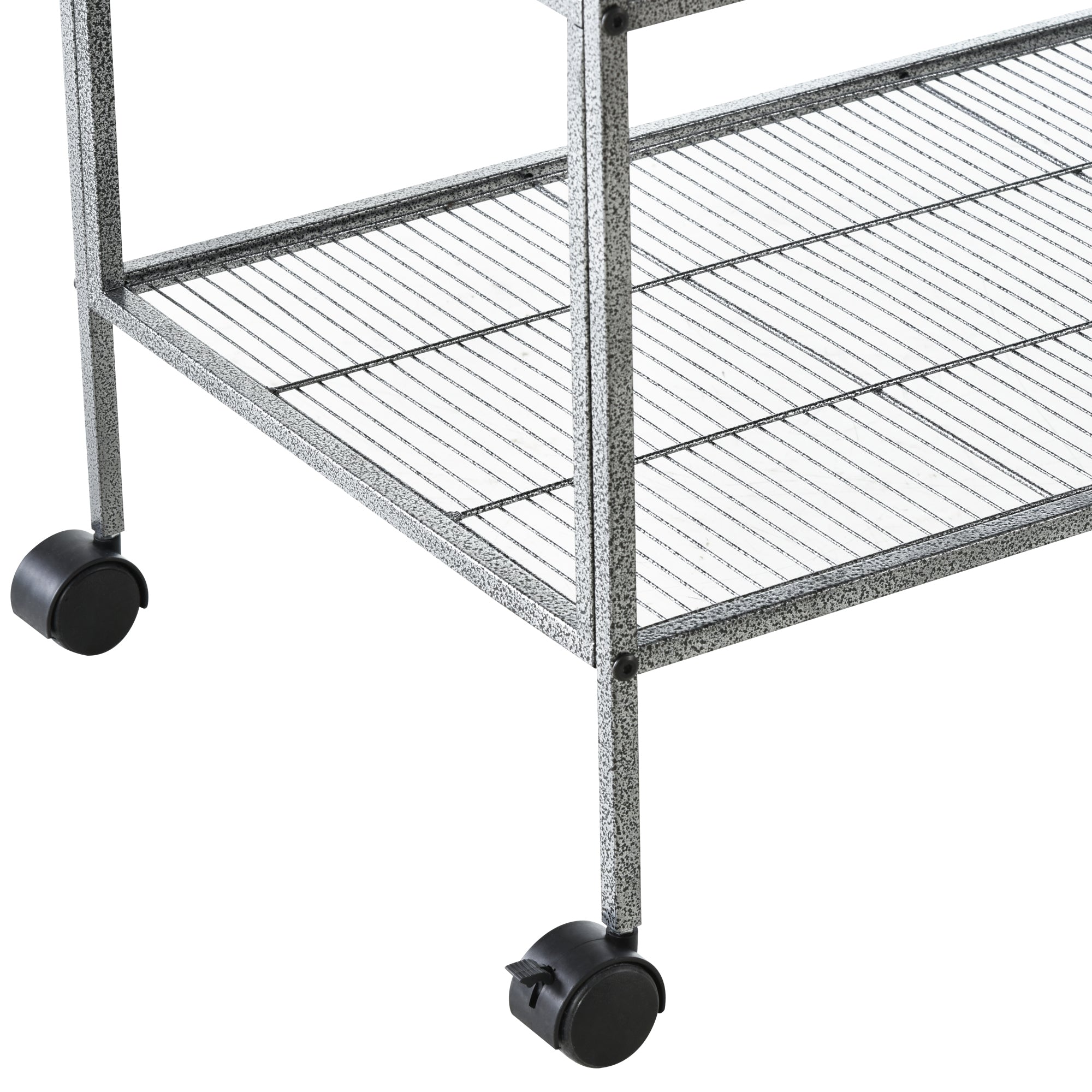 Gray speckled metal bird cage with slide-out metal trays and plastic food containers on black caster wheels for parrots