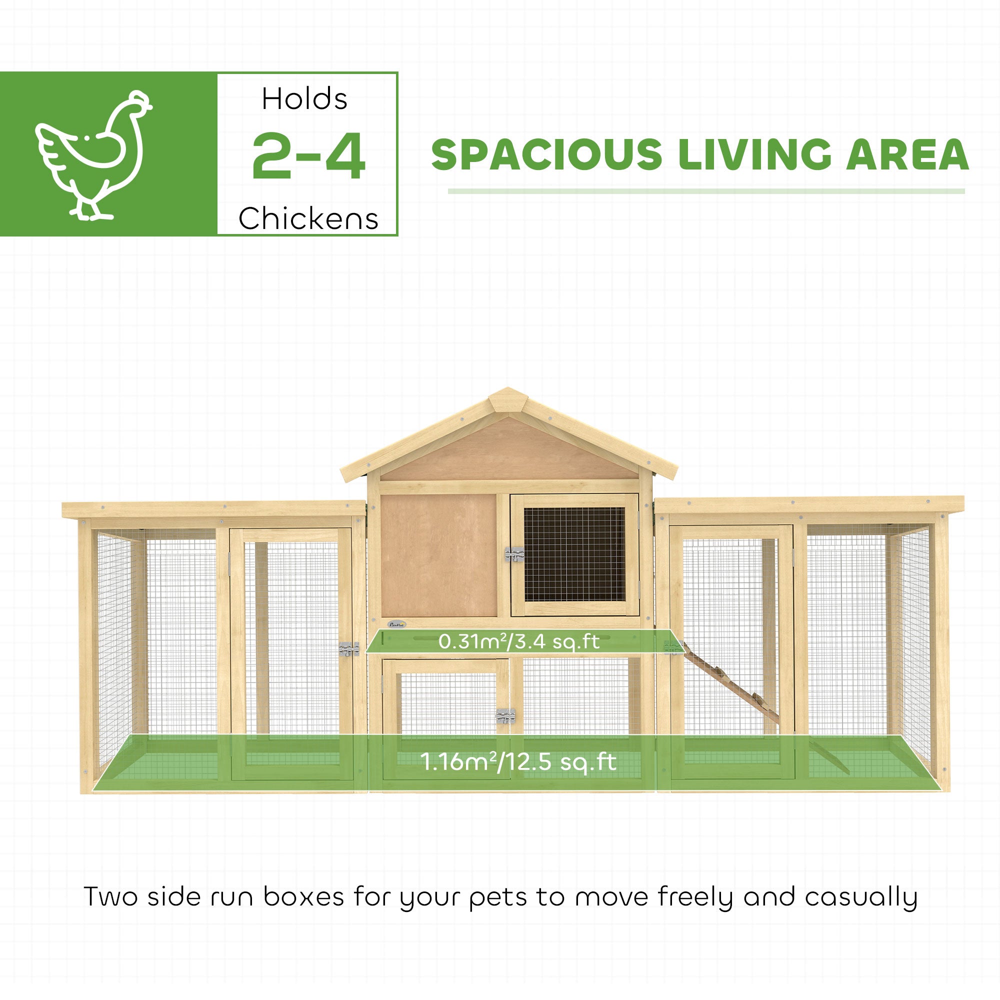 Light-colored fir wood pawhut large chicken coop with nesting box and mesh sides measures 28l x 28h for 2-4 chickens