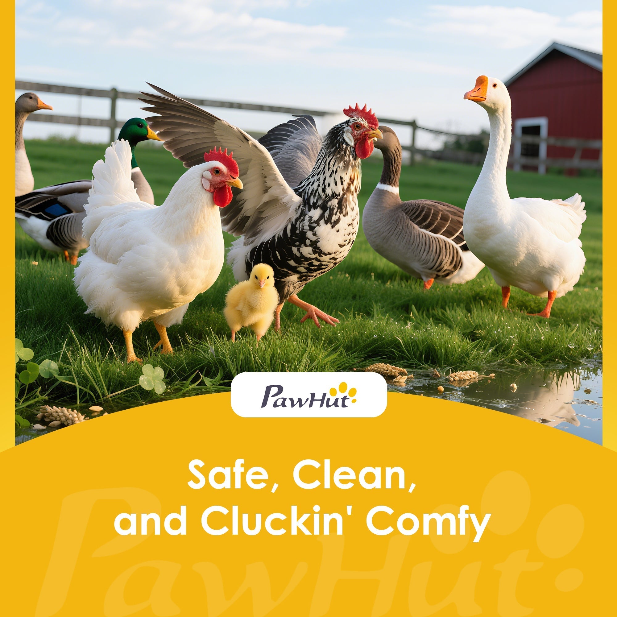 A white chicken with a red comb stands on grass near a pawhut fir wood chicken coop with nesting box 28l x 28h