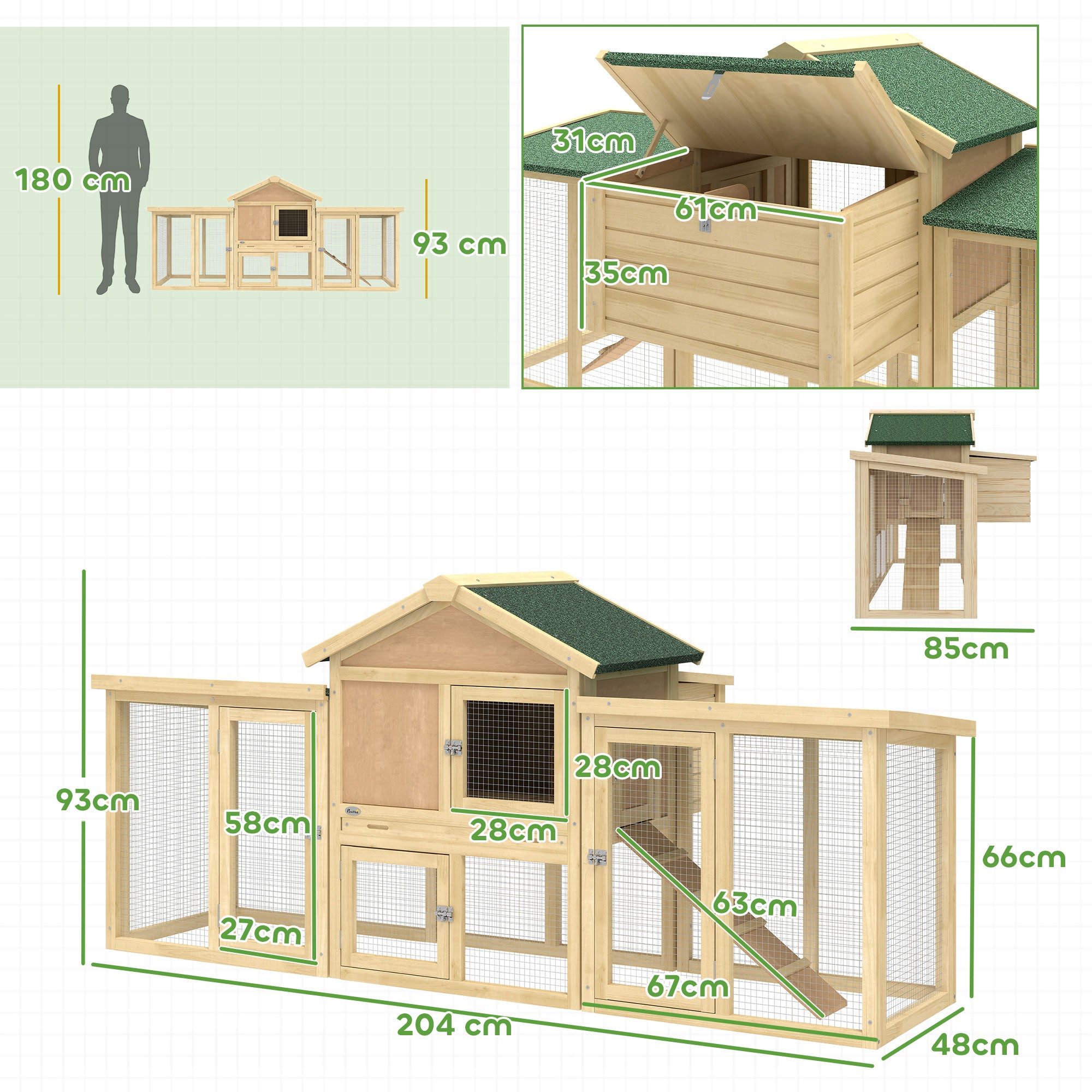 Pawhut large wooden chicken coop with green roof, fir wood construction, wire mesh panels, and nesting box, 28l x 28h