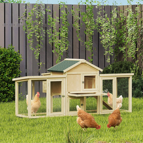 Beige fir wood pawhut chicken coop with green roof and wire mesh run featuring nesting box 28l x 28h size