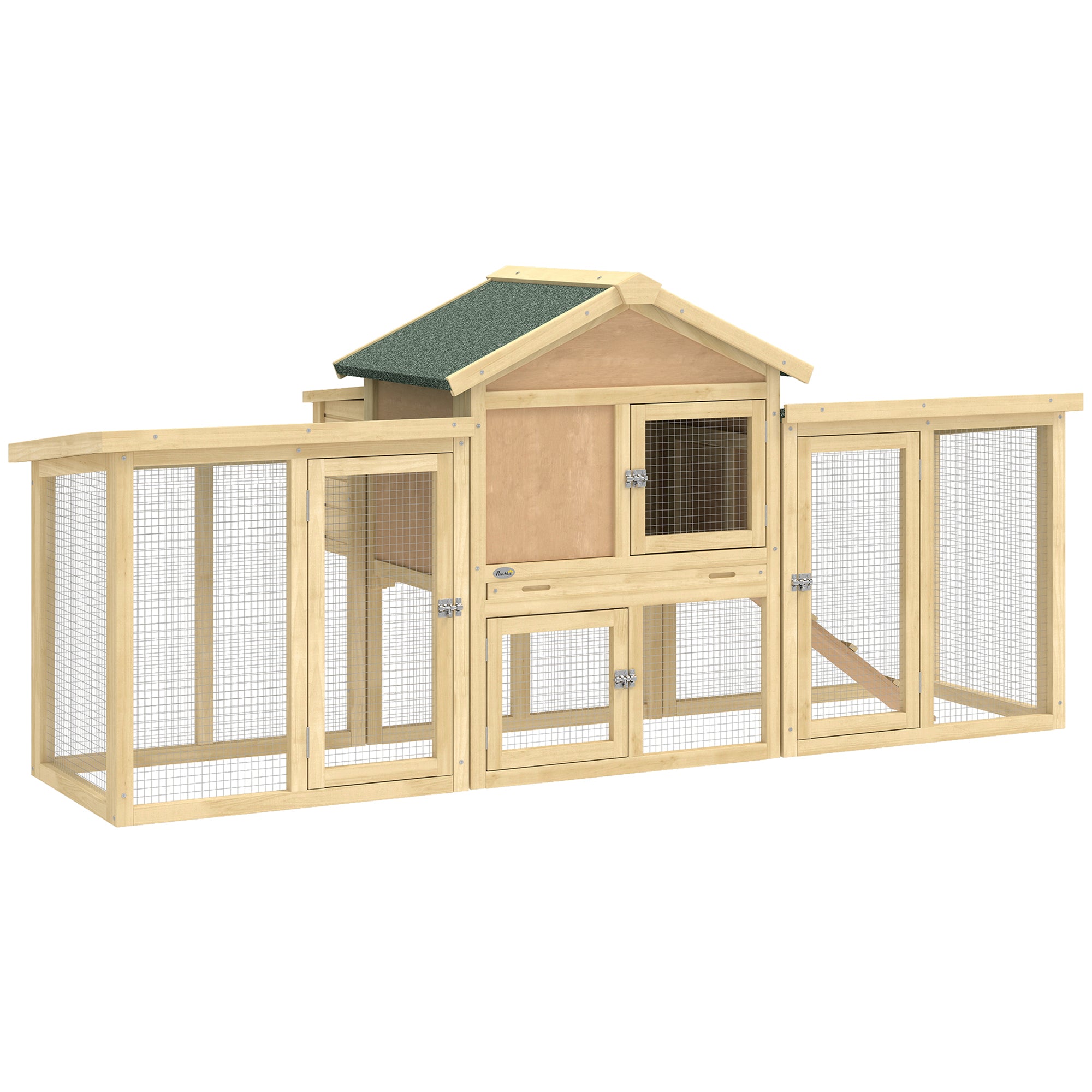 Light-colored fir wood pawhut large chicken coop with green roof wire mesh panels and nesting box 28l x 28h