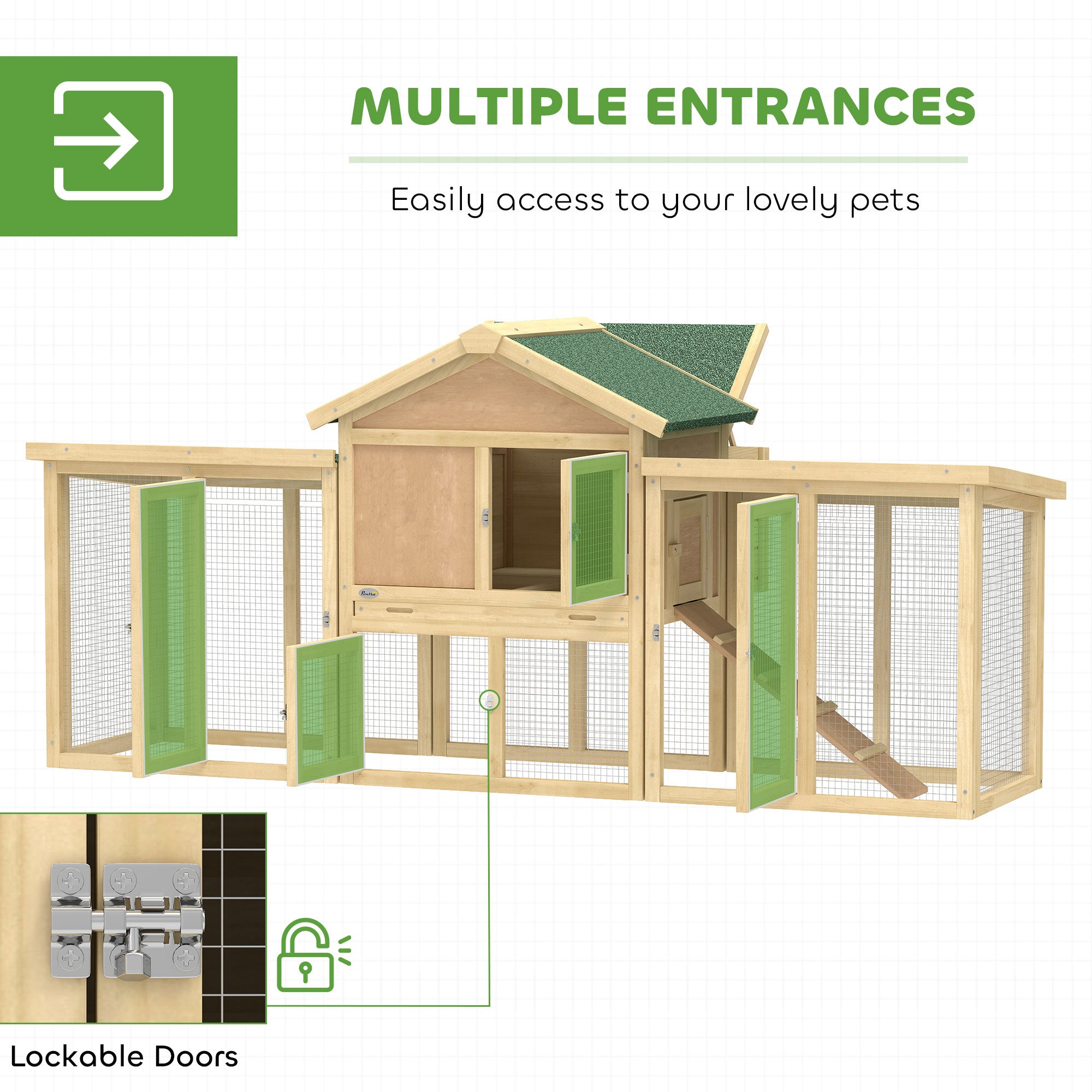 Pawhut large chicken coop with green mesh doors, fir wood frame, nesting box, multiple entrances, 28l x 28h inches