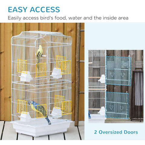 PawHut Large Metal Bird Cage with Perches, Food Bowls, Swing for Budgie, Parakeet, 46.5 x 35.5 x 92cm,White