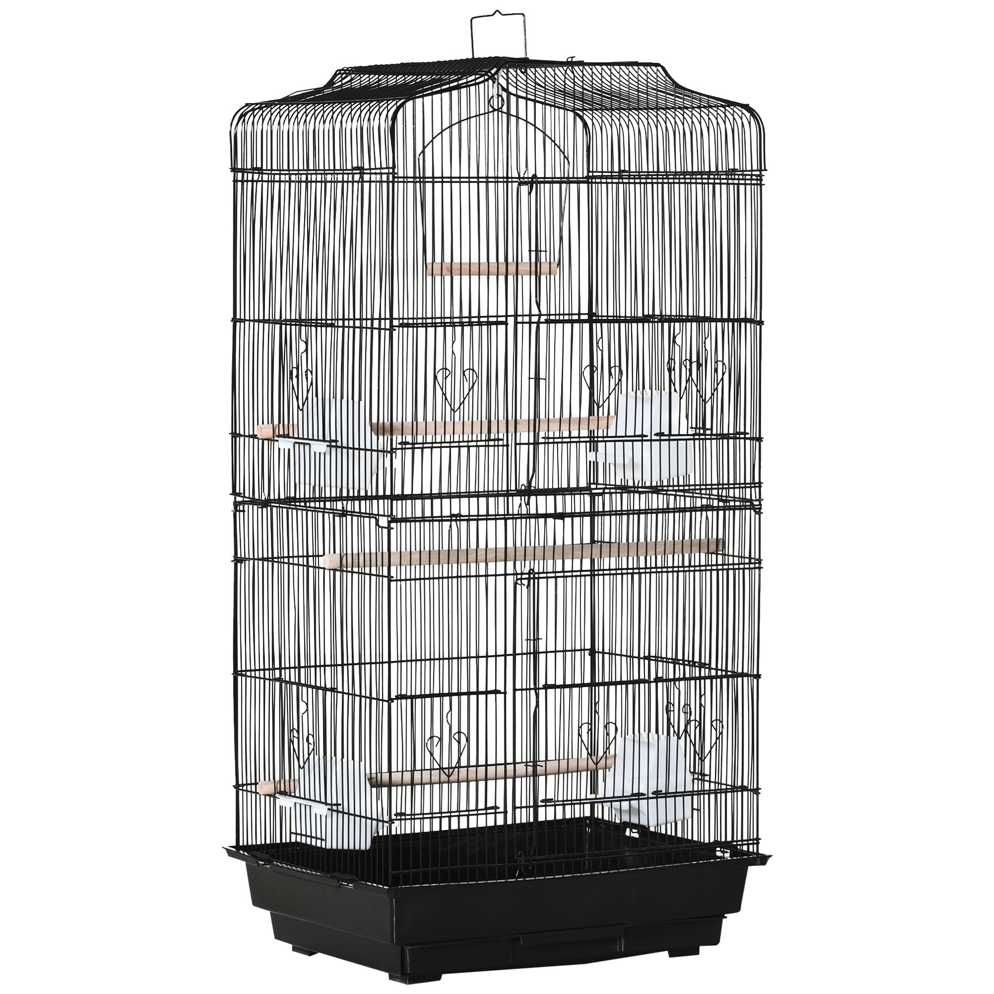 Pawhut large black metal bird cage with stand wooden perches heart-shaped wire decorations and two large food bowls