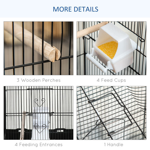 White plastic food bowl with yellow seed inside pawhut large metal bird cage with two large food bowls black