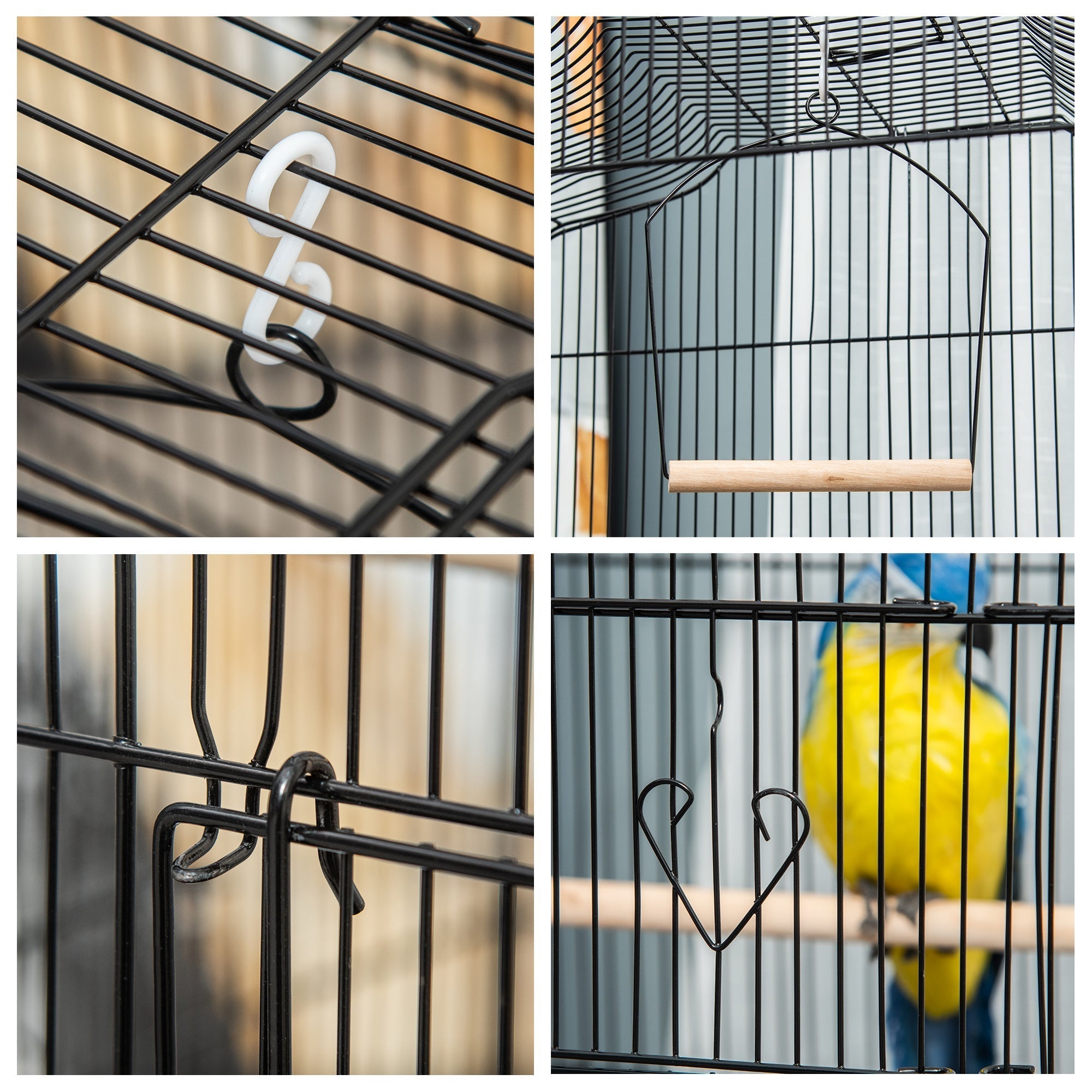 Black metal bird cage from PawHut with wooden perches two large food bowls swing and white plastic hook attachment