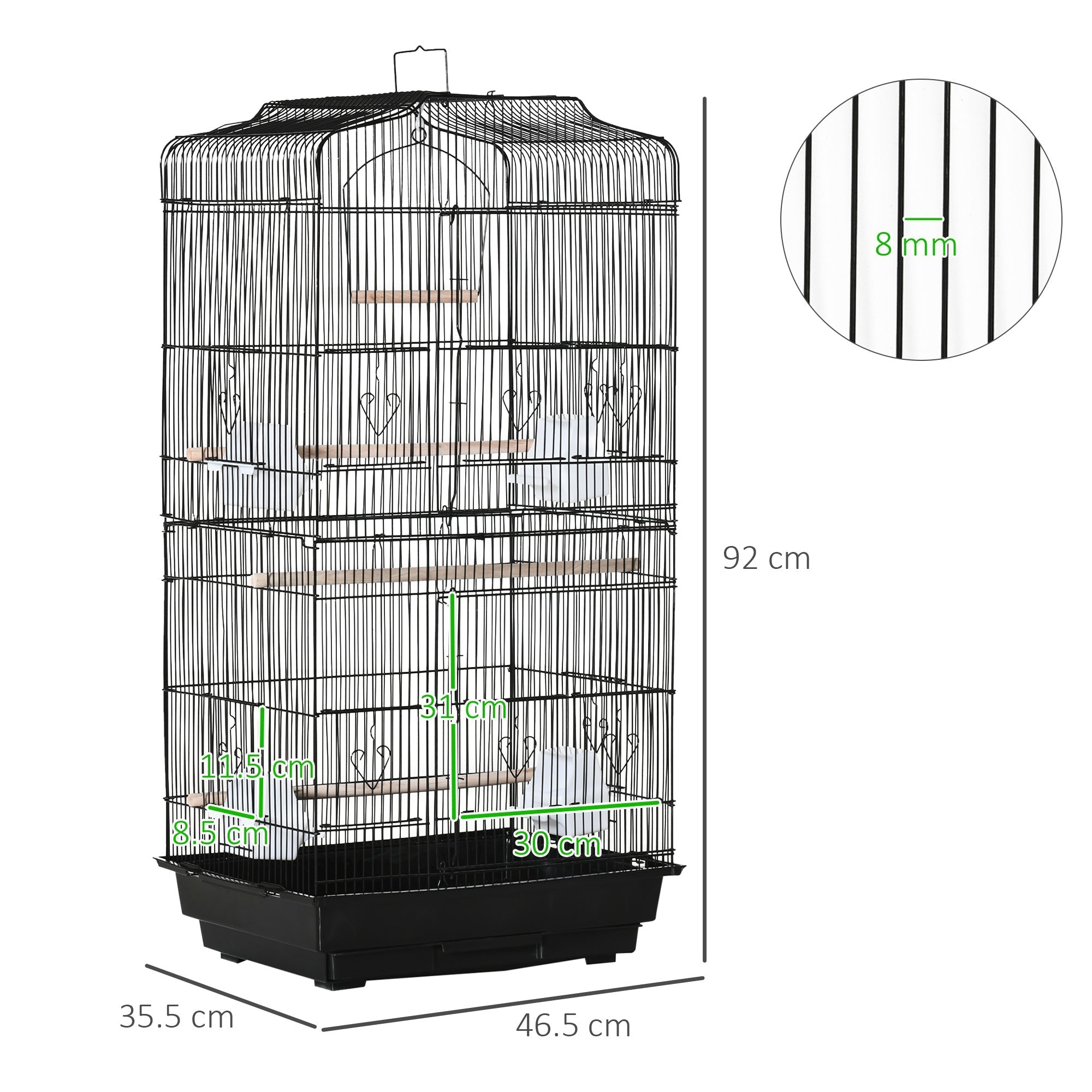 Black metal bird cage with wooden perches, two large food bowls, tray base for budgies and parakeets by pawhut