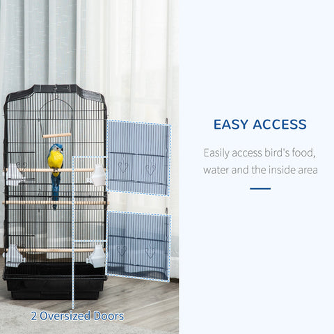 Black metal bird cage with two large doors wooden perches food bowls and stand for budgies and parakeets