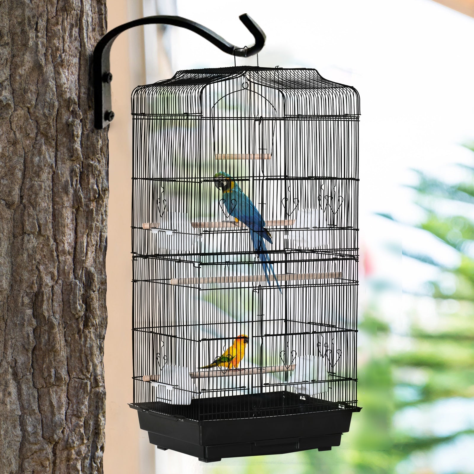Pawhut large black metal bird cage with stand multiple perches food bowls housing two large colorful parrots