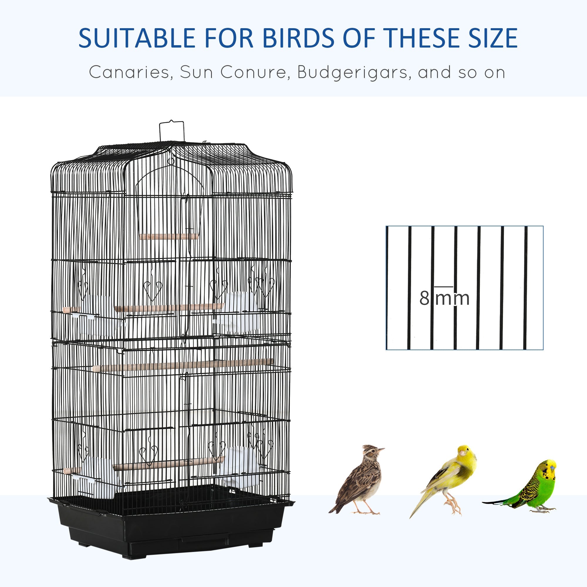 Black metal bird cage with wooden perches and two large food bowls for budgies parakeets and small birds