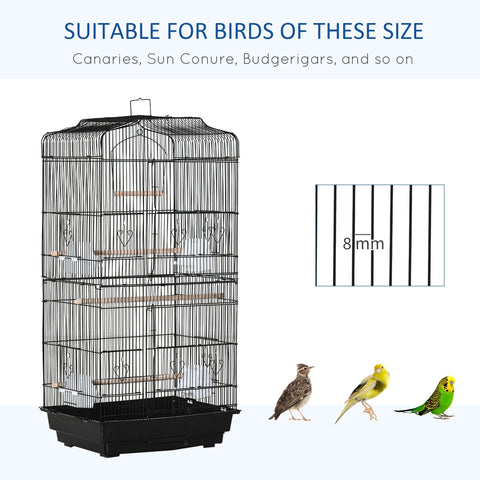 Black metal bird cage with wooden perches and two large food bowls for budgies parakeets and small birds