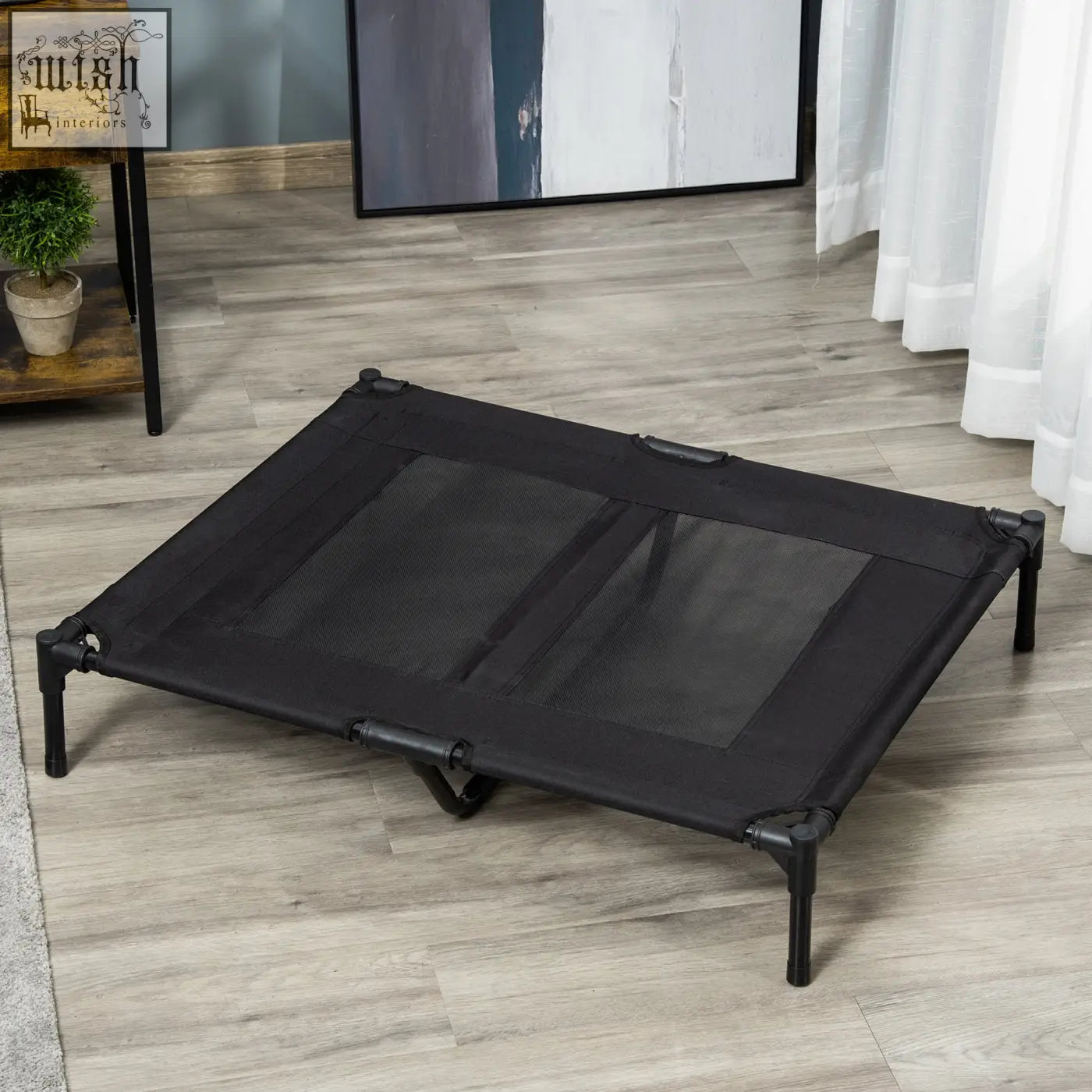 Pawhut large raised pet bed in black with metal frame, oxford fabric mesh, sturdy legs, and reinforced corners for outdoor use