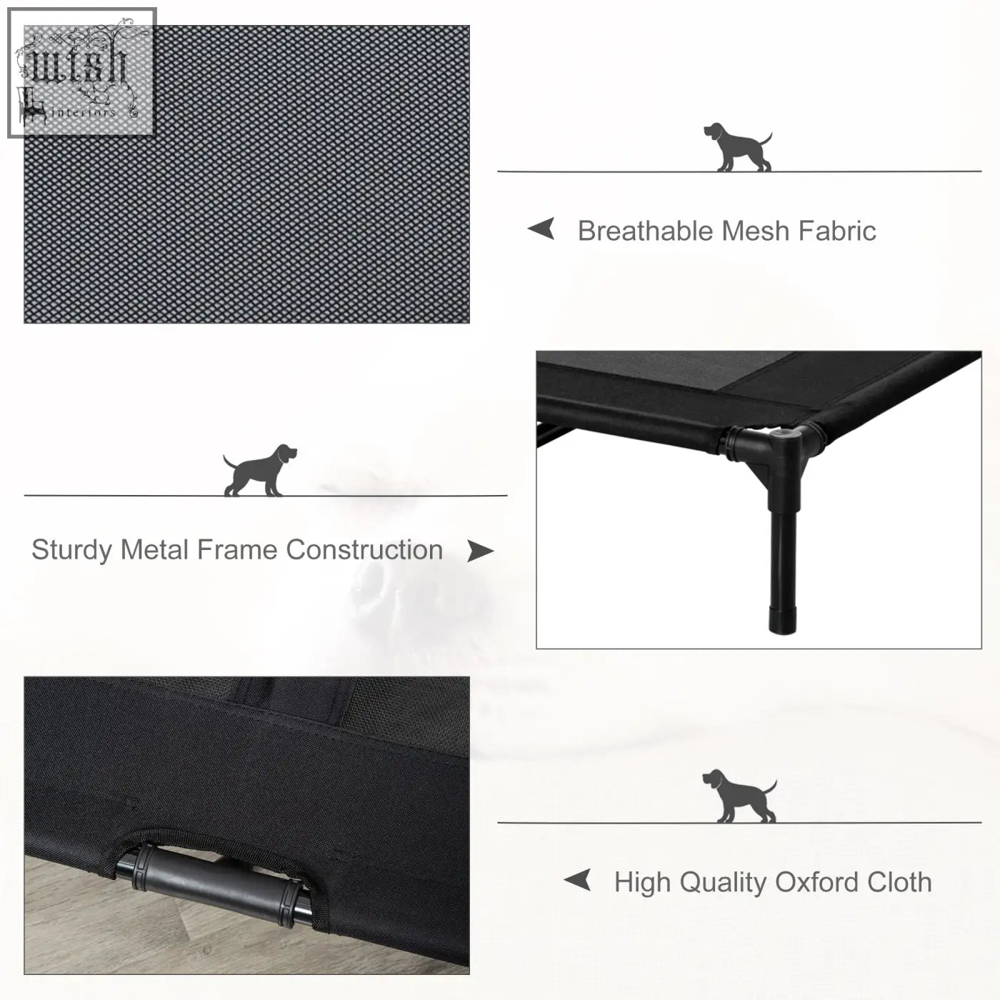 Black breathable mesh pet bed with sturdy metal frame and oxford fabric edges for indoor outdoor use
