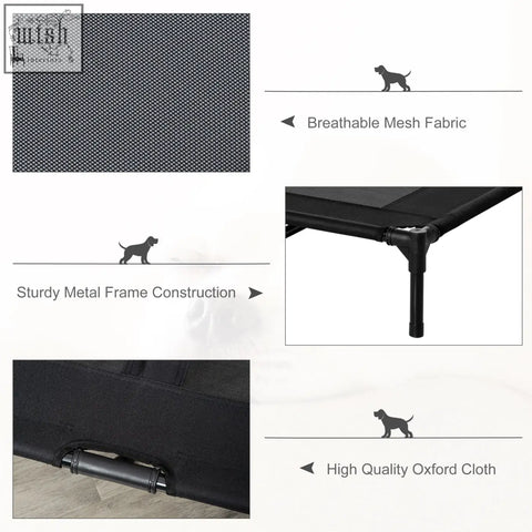 Black breathable mesh pet bed with sturdy metal frame and oxford fabric edges for indoor outdoor use