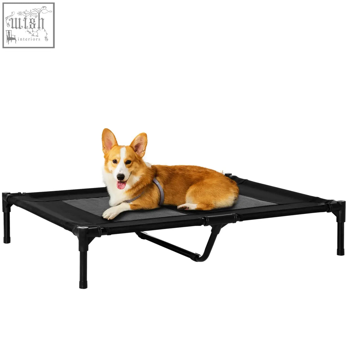 Black oxford fabric pet bed with sturdy metal frame raised for outdoor indoor use by PawHut