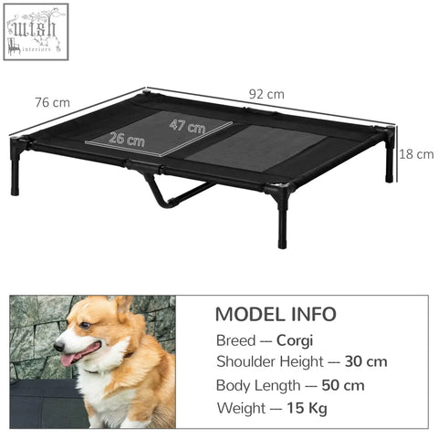 Black oxford fabric pet bed with metal frame and adjustable height labeled for corgi outdoor indoor use