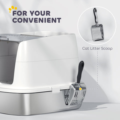 Modern white and silver pawhut stainless steel cat litter box with integrated scoop deodoriser bag and sand drop area