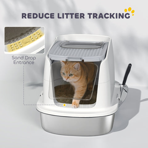 White and silver pawhut stainless steel cat litter box with sand drop area and deodoriser bag for less tracking