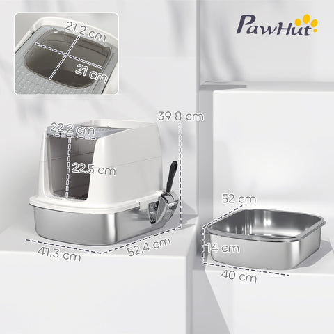 White and stainless steel pawhut large litter box with covered entrance sand drop area scoop and deodoriser bag