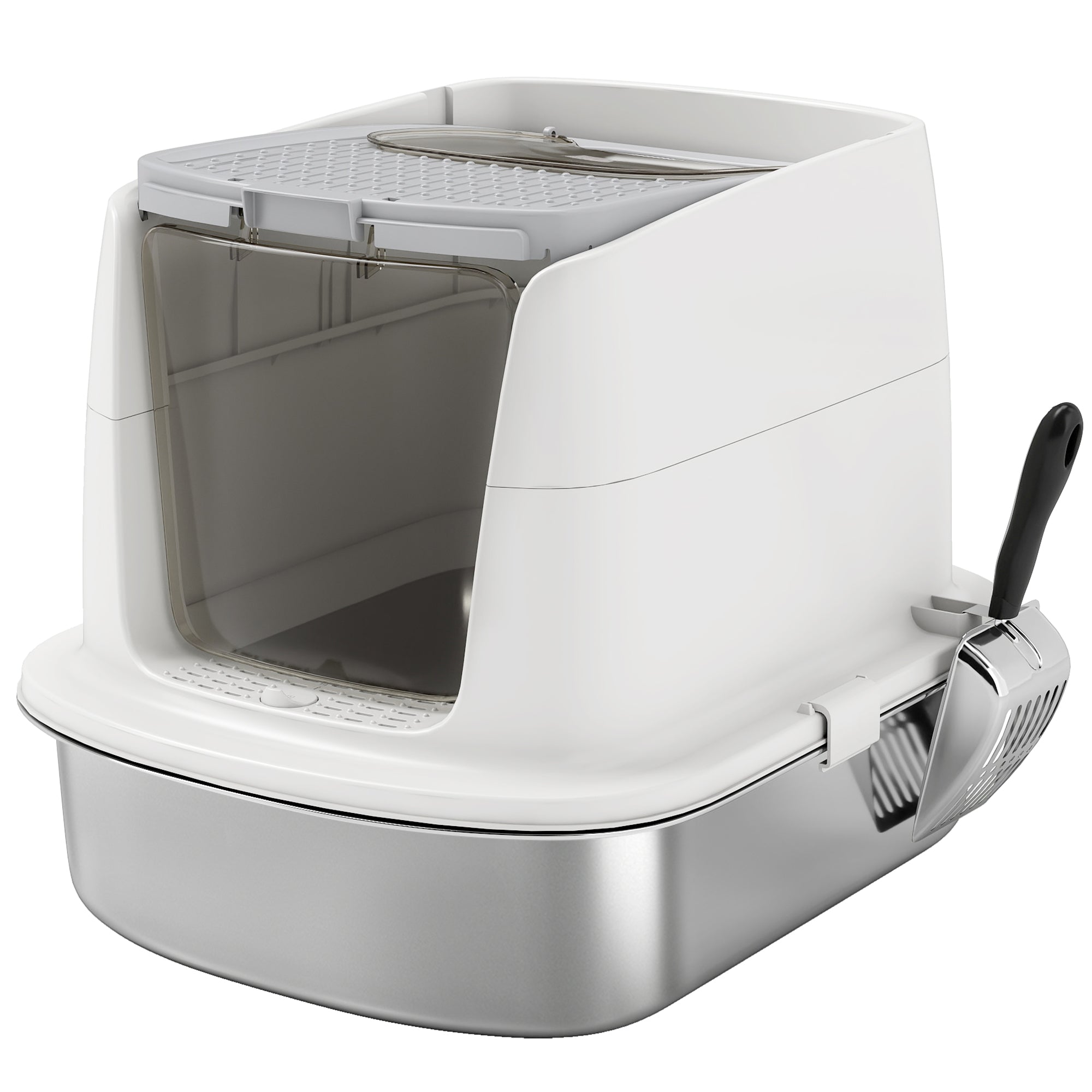 White and silver pawhut large stainless steel cat litter box with transparent side panel scoop holder and deodoriser bag