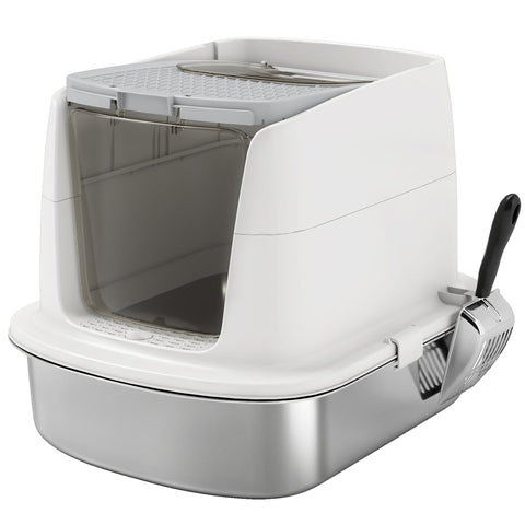 White and silver pawhut large stainless steel cat litter box with transparent side panel scoop holder and deodoriser bag