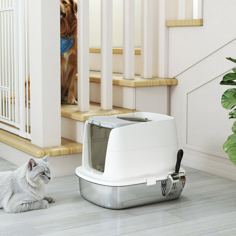 White and silver two-tone stainless steel cat litter box with built-in scoop and deodoriser bag sand drop area
