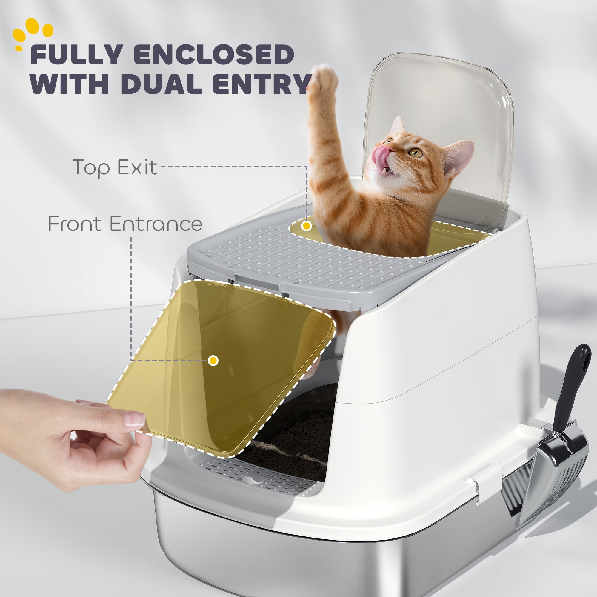 White and gray pawhut large stainless steel litter box with dual entry and deodoriser bag for sand drop area