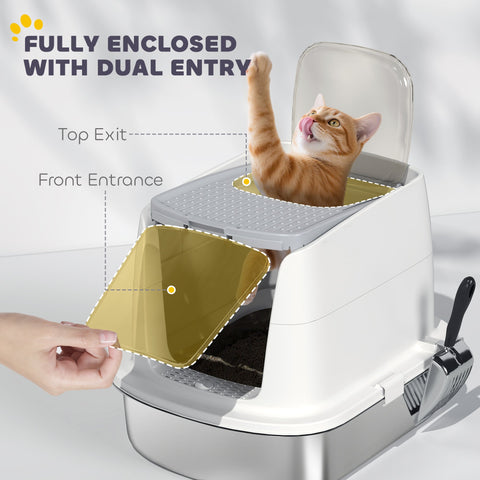 White and gray pawhut large stainless steel litter box with dual entry and deodoriser bag for sand drop area