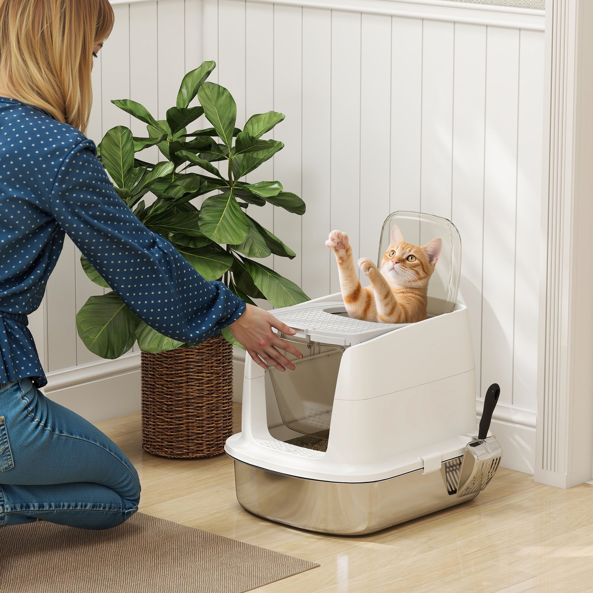 White and stainless steel pawhut large litter box with deodoriser bag and sand drop area for easy cleaning