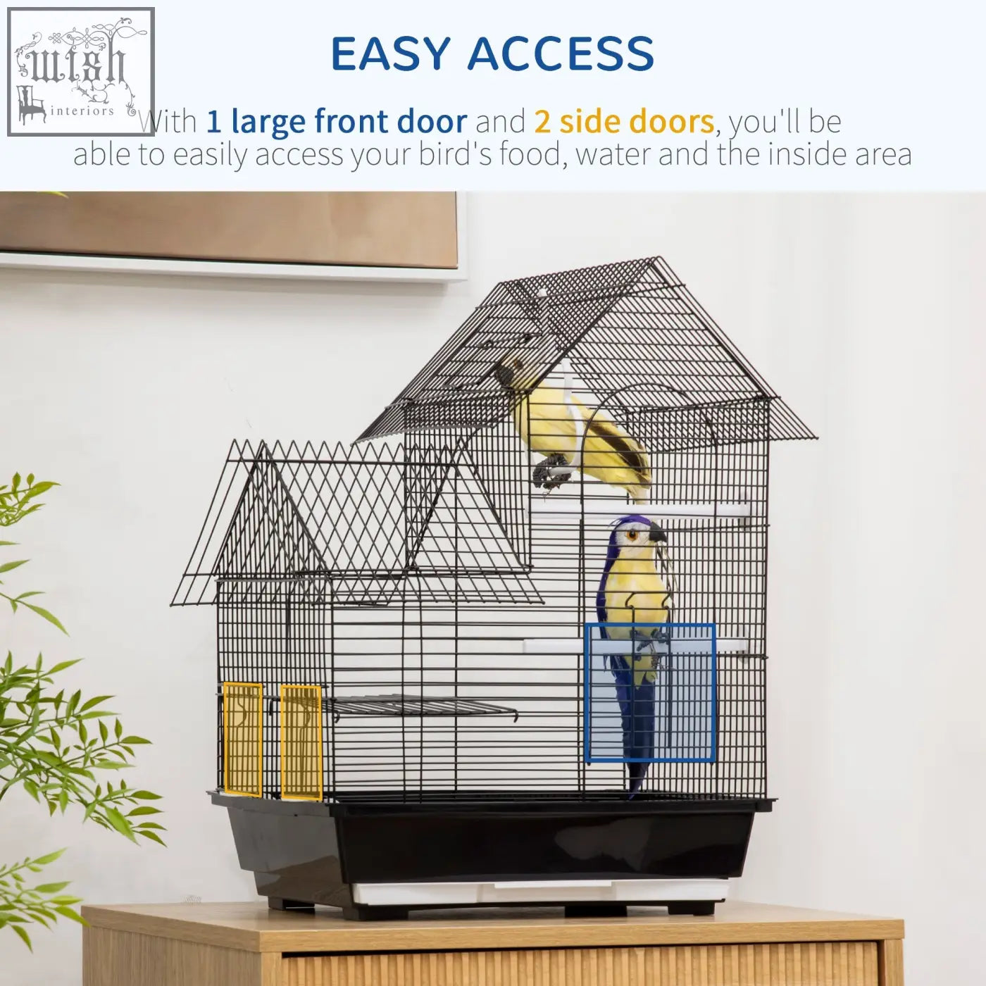 Black metal bird cage with house-shaped design yellow side doors blue front panel includes swing ring food containers