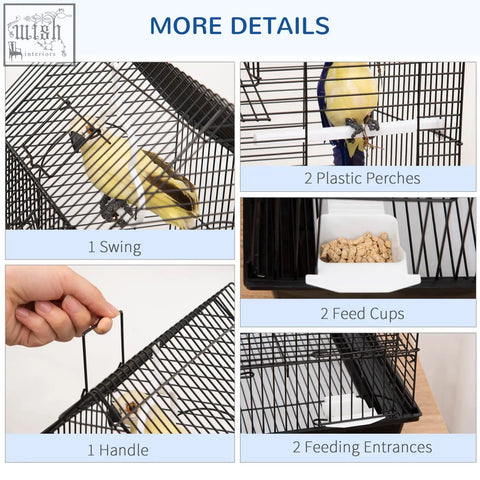 Black metal bird cage with swing ring and food containers for finch and canary by pawhut with plastic perches