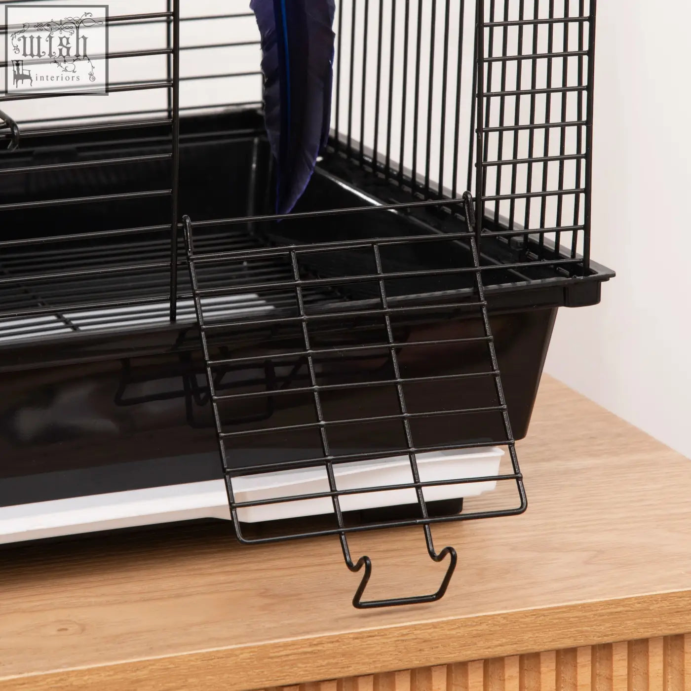 Black metal wire cage ladder with curved hook for pawhut bird cage with swing ring and food containers accessory