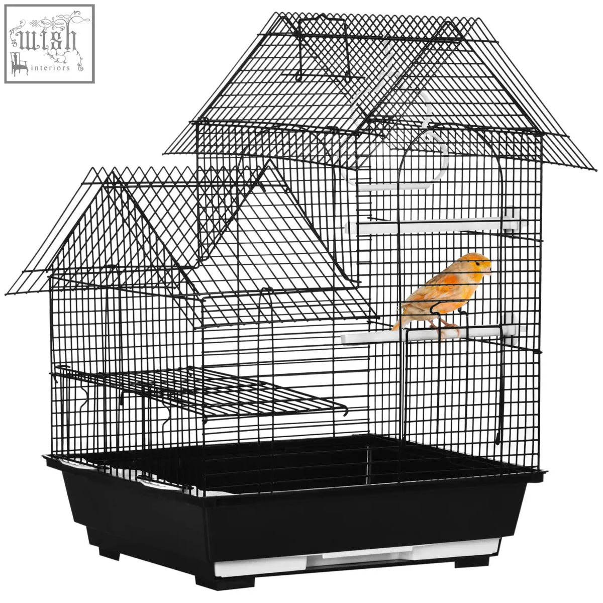 Black wire pawhut metal bird cage with swing ring food containers and orange canary inside for finch and canary
