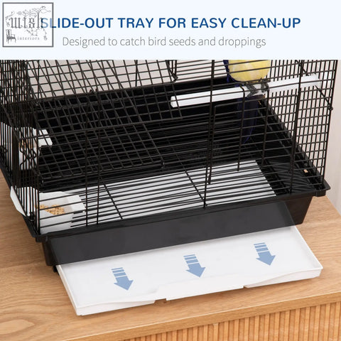 Black metal bird cage with slide out tray food containers and swing ring for finch and canary easy clean-up