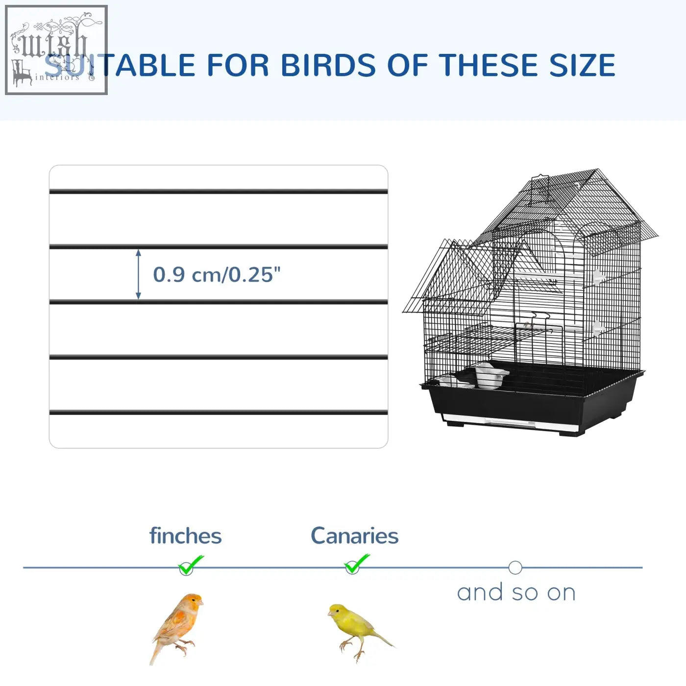 Black metal bird cage with house-shaped design featuring swing ring and food containers for finch and canary pets