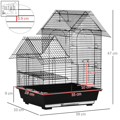 Black metal pawhut bird cage with house design swing ring food containers and black plastic base for finch canary